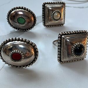 Twos Company Set of 4 Silver Plated Napkin Rings w Multiple Color Stone Inserts